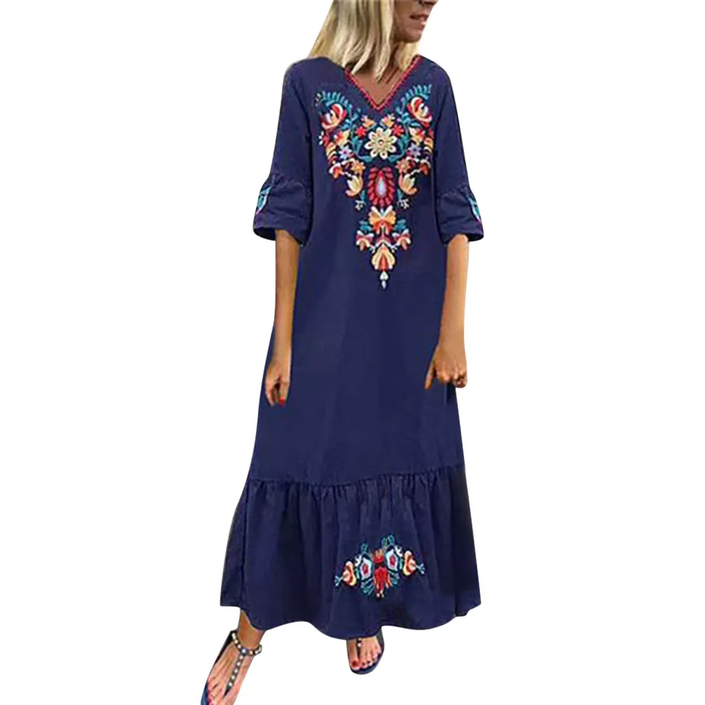 Feitong богемное Платье женское Повседневное платье винтажное Vestido Verano Mujer Цветочная вышивка v-образным вырезом гофрированное льняное Макси-кафтан платье