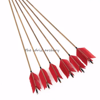

6/12/24PCS Bamboo Arrow 4red Real Feather Length 32'' For Longbow Hunting Archery