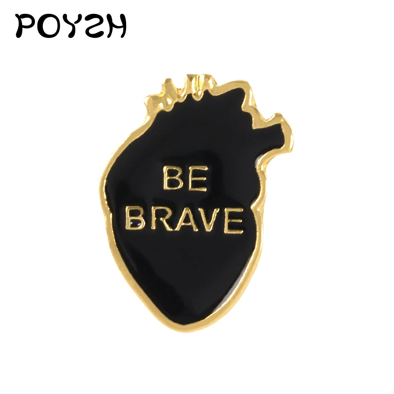 

Vintage Black Heart Enamel Brooches Lapel Pin Hat Bag Pins Denim Jacket Women Jewelry "Be Brave" Collar Shirt Badges Alloy Gifts