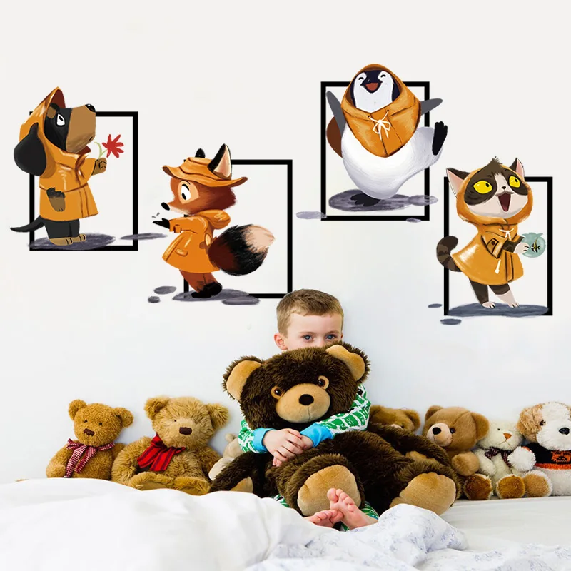 Cartoon animals It's raining Wall sticker Dogs Cats Fox Penguins Art decals kids rooms Bedroom living room stickers home decor