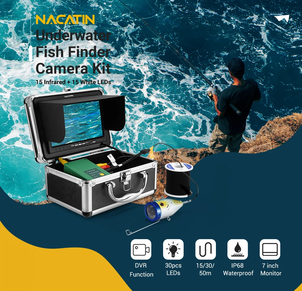 NACATIN 30 шт. светодиоды Рыболокаторы Камера Kit ИК 15 Вт, 30 Вт, 50 м подводный 1000TVL 7 дюймов ЖК-дисплей монитор IP68 Водонепроницаемый в форме рыбы Камера