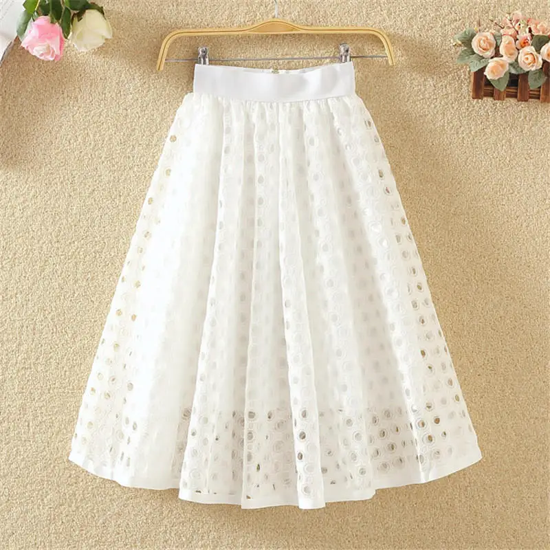 

Harajuku tutu Skirts Womens Elastic High Waist Tulle Mesh Lace Skirt Saias Hollow out Jupe Tulle Femme White Skirt Pleated Q1178