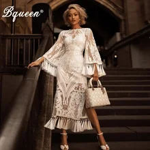 Bqueen2019 сексуальное однотонное белое Бандажное платье с круглым вырезом и рукавом три четверти, модное женское платье с кисточками и цветочным принтом Vestidos
