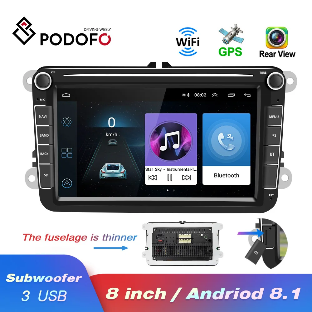 Podofo Автомобильный мультимедийный плеер Android 8,1 gps 2 Din автомобильный DVD авто радио для VW/Volkswagen/Golf/Polo/Passat/b7/b6/SEAT/leon/Skoda