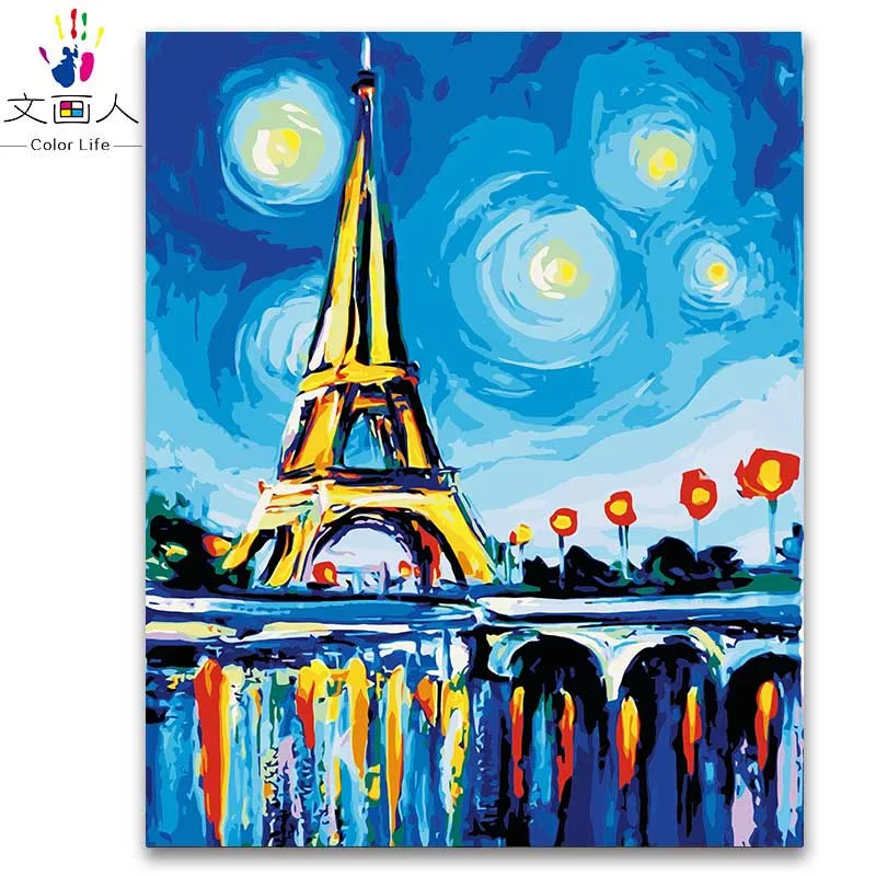 

diy block color painting by numbers semi-finished,abstract impression coloring by numbers handmade framed tower under the starry
