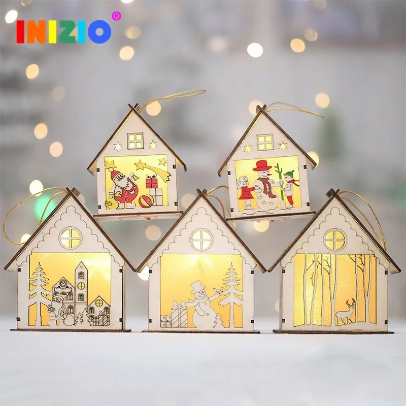

2019 New Year Xmas LED Illuminated Wood House Christmas Decoration Christmas Decoration Holiday Gift Santa Children Gift