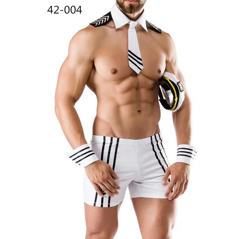 Faux Leather Policemen Jumpsuit Tie Top Tee With Panties Firemen Male Nurse Sexy Police Cosplay Costumes Motorcycle Role-Playing