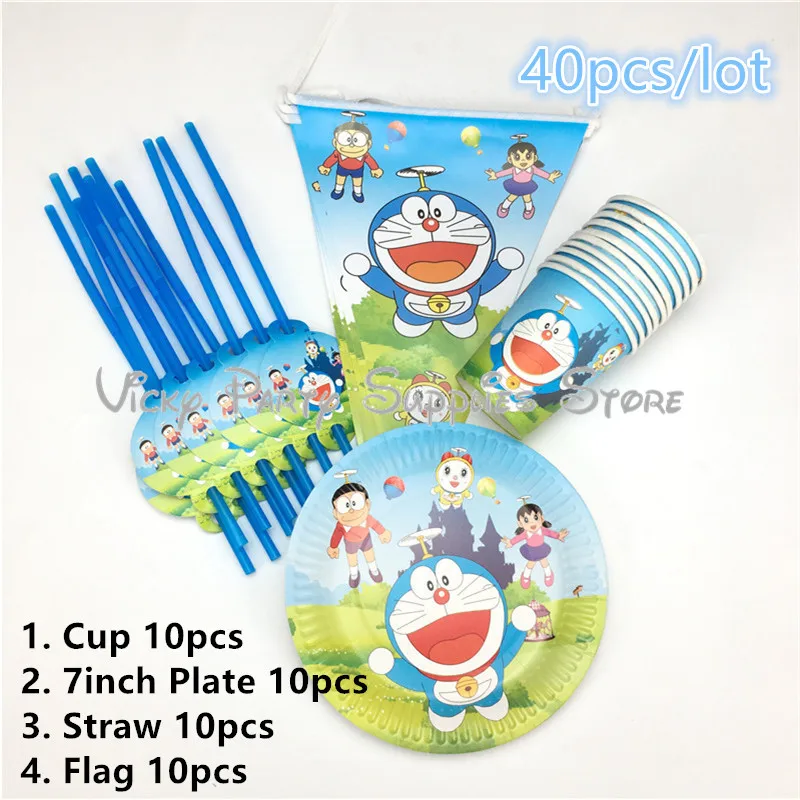 40 шт/лот мультфильм Doraemon тема кошка одноразовые Tabelware набор детский душ кружка ко дню рождения пластины вечерние украшения поставки