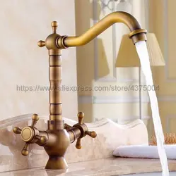 Смеситель для раковины античная латунь кран для ванной комнаты 360 градусов Поворотный носик с двумя крестообразными ручками Смеситель для