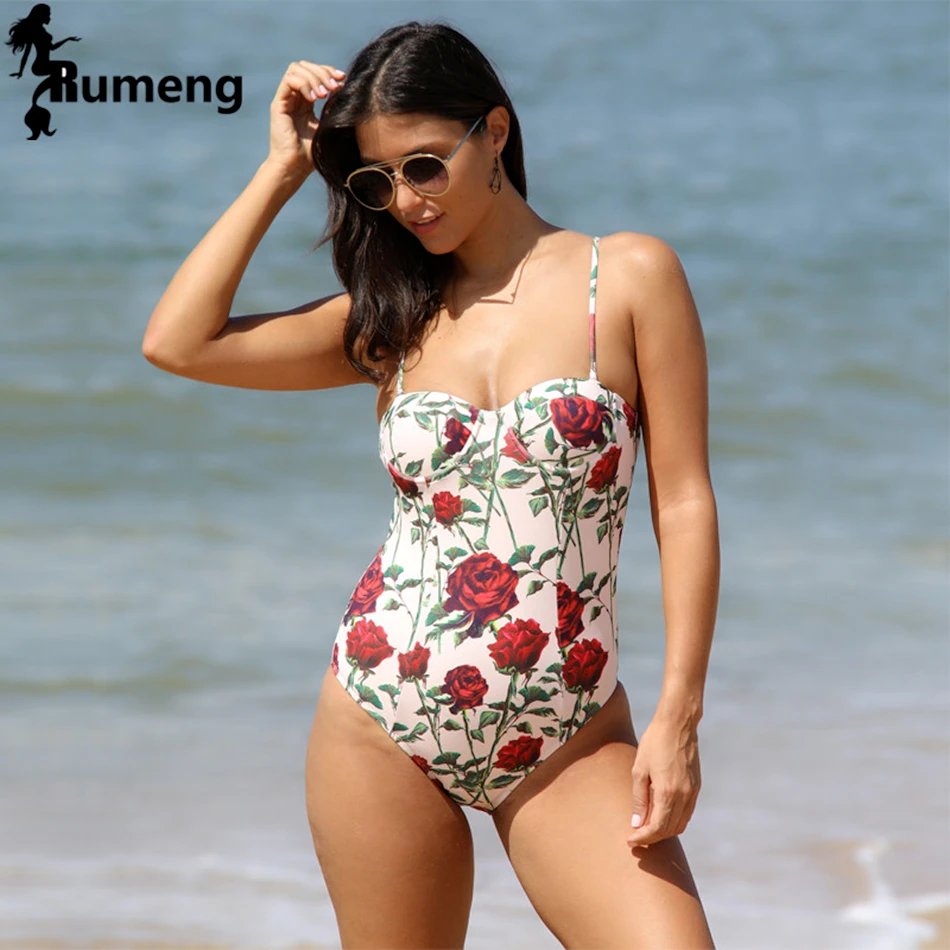

RUMENG Floral Print flora One piece High Waist Swimsuit Sexy Bikini Retro Bathing Suits Swimwear