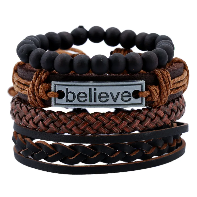 

dankaishi 4pcs/set Vintage Punk Customized Genuine Leather Alloy PU Hemp Rope Women Handmade Jewelry Men Braided Bracelets