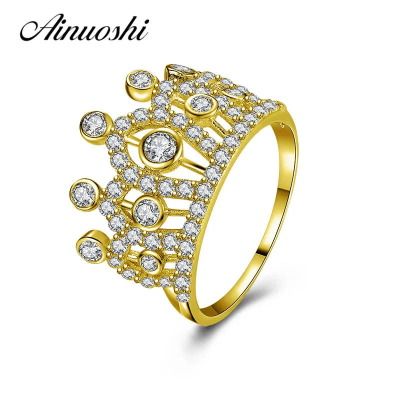 

AINUOSHI Brilliant Queen Crown Ring 10K Solid Yellow Gold Women Jewelry Luxurious Engagement Wedding Birthday Party Crown Ring