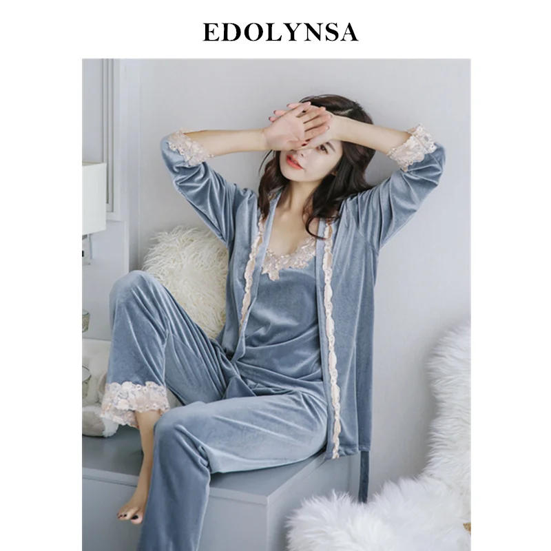 

Three 3 Pieces Sleepwear Women Pajama Set Velvet Robe Gown Set Autumn Home Wear Pyjama Lace Kimono Sexy Camisole Long Pant H760
