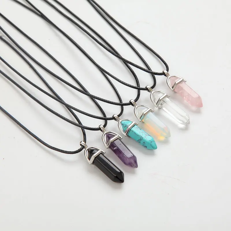 

Hexagonal Column Necklaces Natural Crystal Pendants Pink Purple Stone Pendant Leather Chains Necklace For Women Fine Jewelry