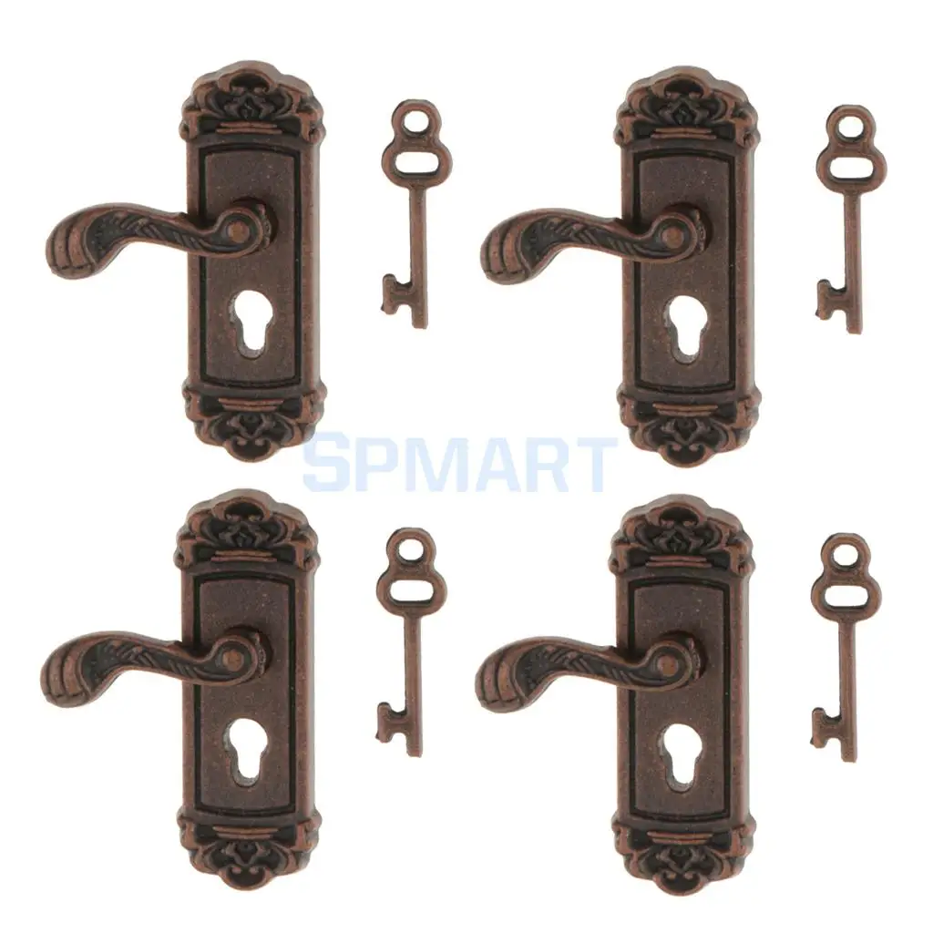 4 Pieces 1/12 Dollhouse Miniature Vintage Door Locks Keys - Left Handle