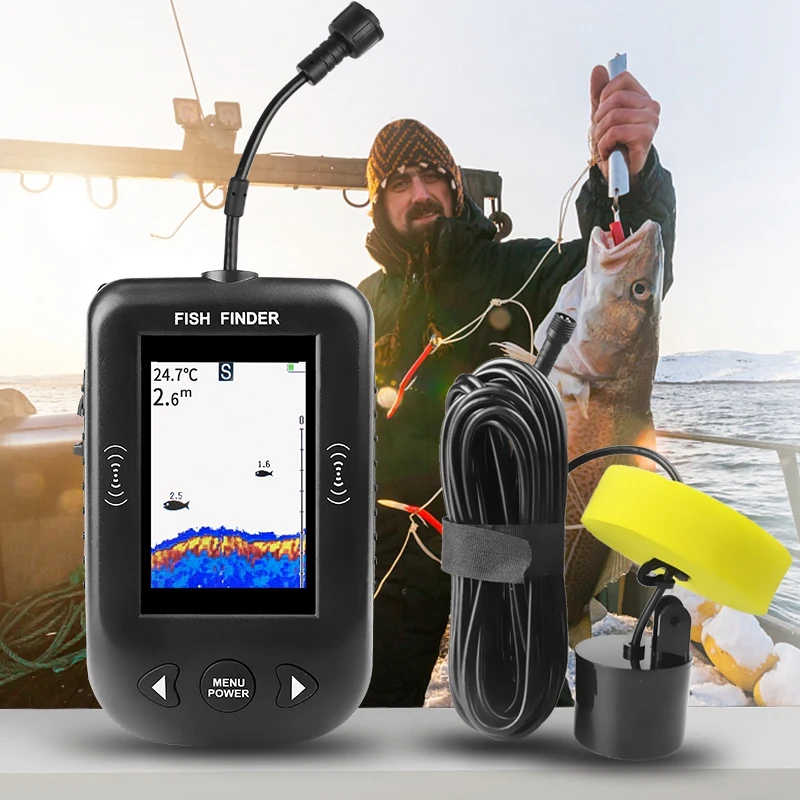 Upgraded Xf02-C Portable Fish Finder 9M Cable Echo Sounder Alarm 0.6-100M Depth Fishfinder Transducer Sensor