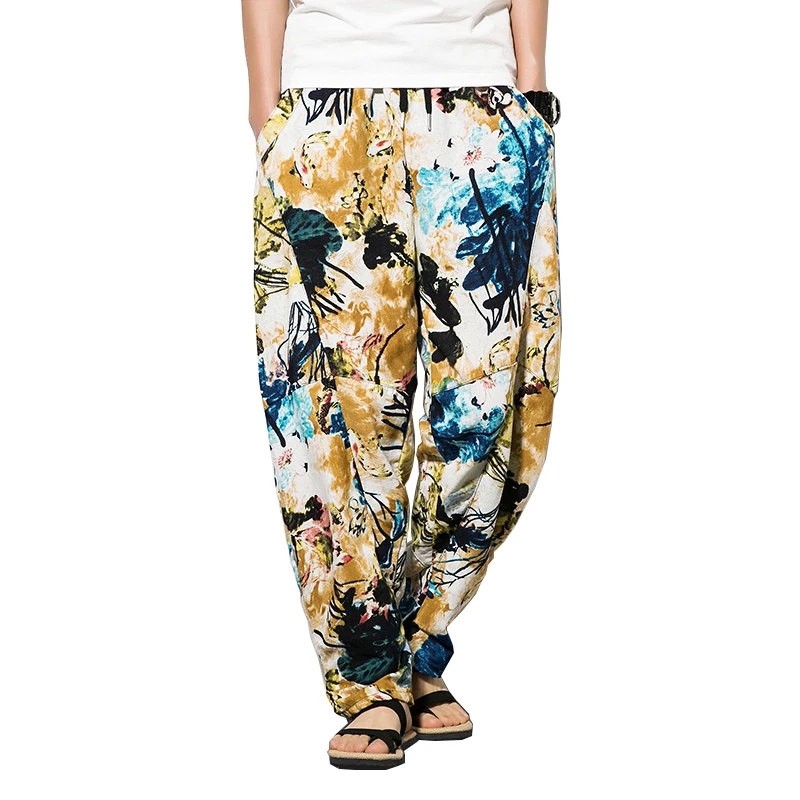 

2019 New Summer Men's Pants Thai Flower Print Style Cotton Linen Trousers Harem Pants Man Loose M-5XL Beach Pant Chinese Style