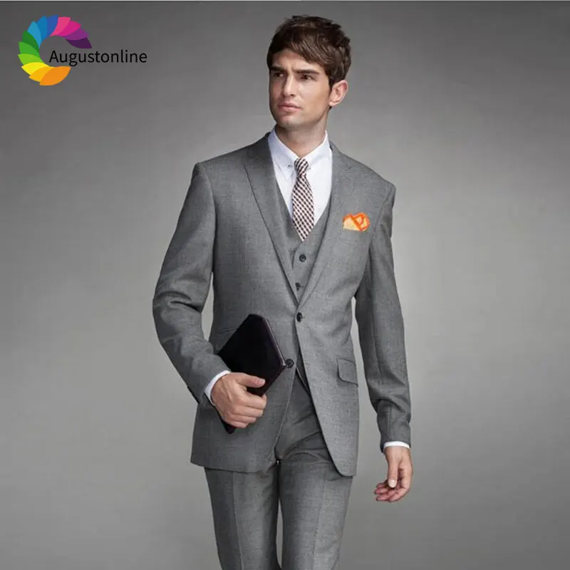 Casual Grey Men Suits Wedding Suits for Best Man Blazers Suit 3Piece Jacket Pants Vest Peaked Lapel Formal Slim Fit Groom Tuxedo