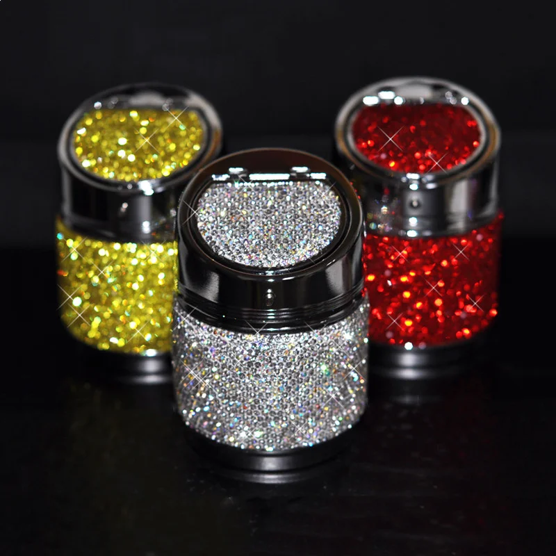 

Shine Crystal Diamond Car Pocket Ashtray With Cover Multi-Purpose Universal Automatic Switch Smokeless Metal Ashtray Gifts