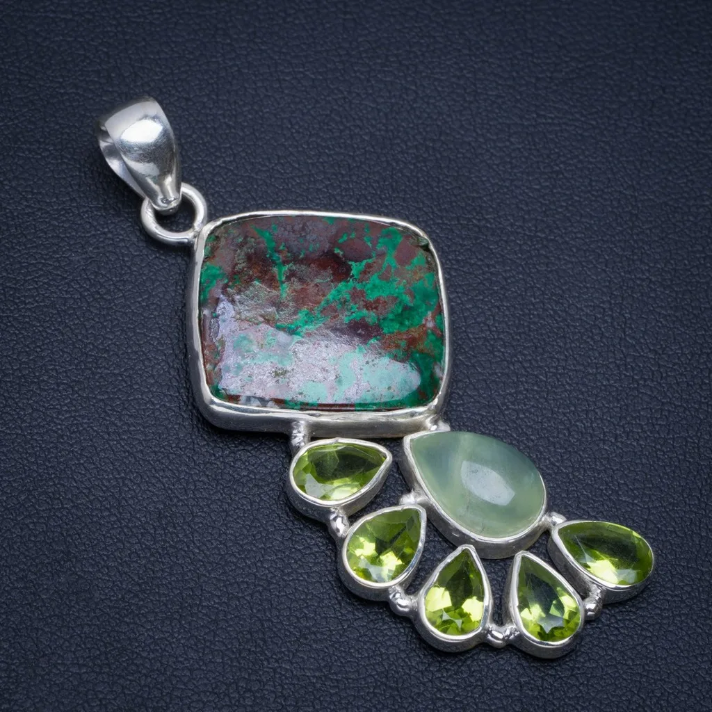 

Natural Chrysocolla,Prehnite and Peridot Handmade Unique 925 Sterling Silver Pendant 2.25" A4505