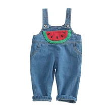 От 2 до 6 лет джинсовый комбинезон для девочек; комбинезон; сезон лето; коллекция года; Детский комбинезон с карманом арбуза для мальчиков; комбинезоны для малышей; джинсовые брюки для детей