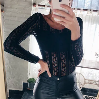 

Rompers 2018 New Brand Women Lace Hollow Out Solid Long Sleeve Romper Lingerie Jumpsuit Leotard Top