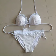 Новые летние Для женщин кружева сетчатый бюстгальтер пуш-ап бикини бразильские на завязках повязки сексуальный оборками Купальник с поролоном ванный комплект E612