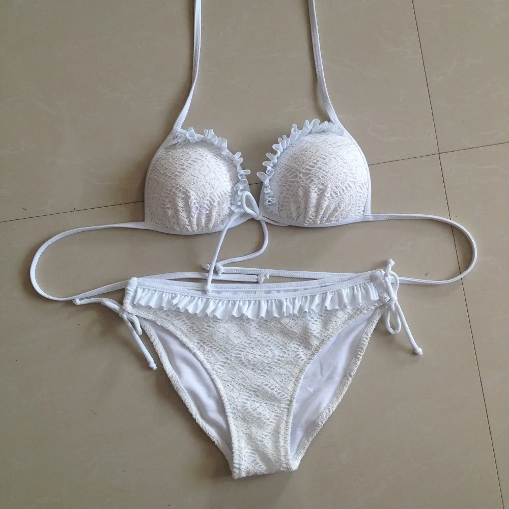 

2018 Summer New Women Lace Mesh Push Up Bikini Brazilian Strappy Bandage Sexy Ruffles Swimsuit Padded Swimwear Bathing Suit E612