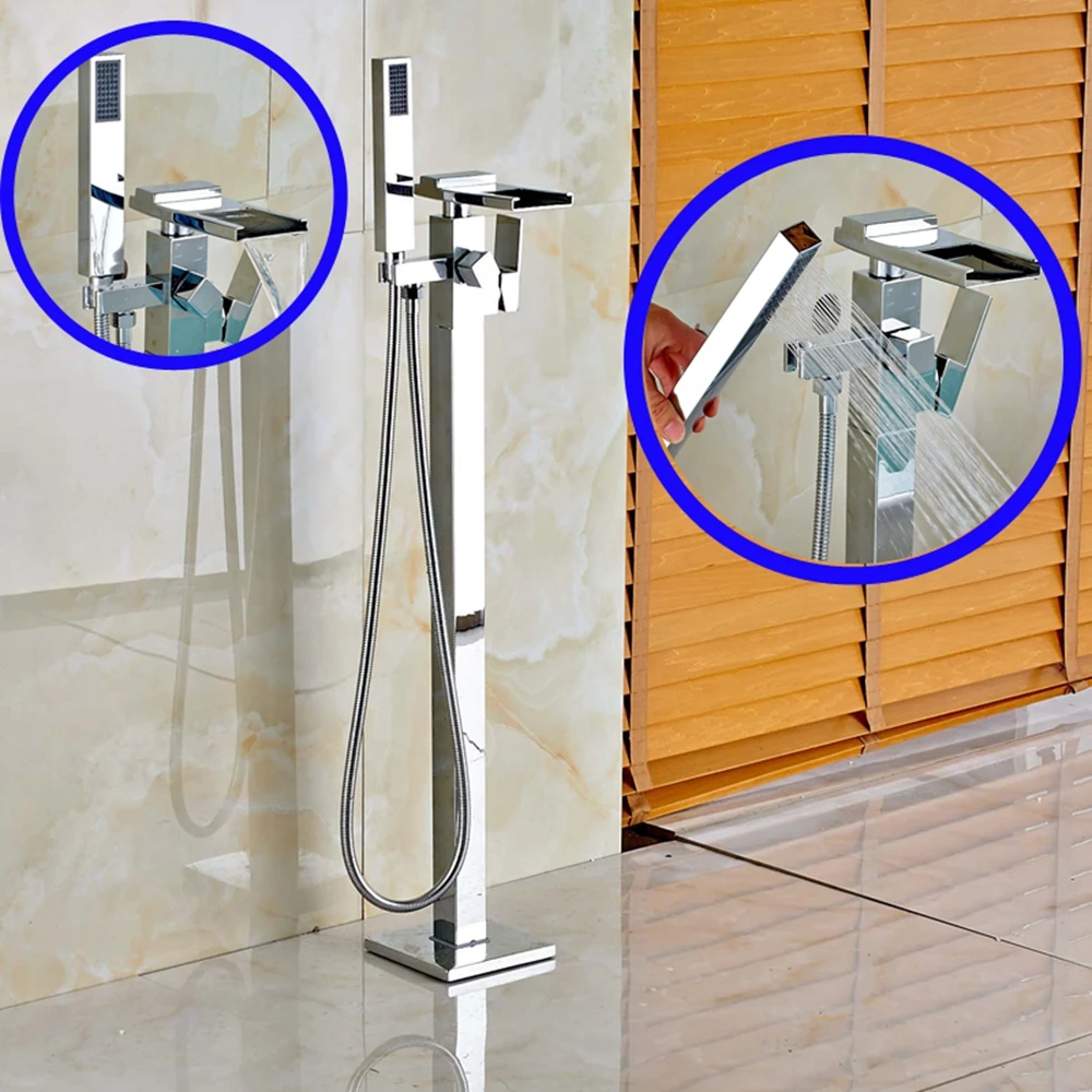 

Free Standing Waterfall Spout Tub Faucet Mixr Tap Floor Mount Tub Filler Mixer