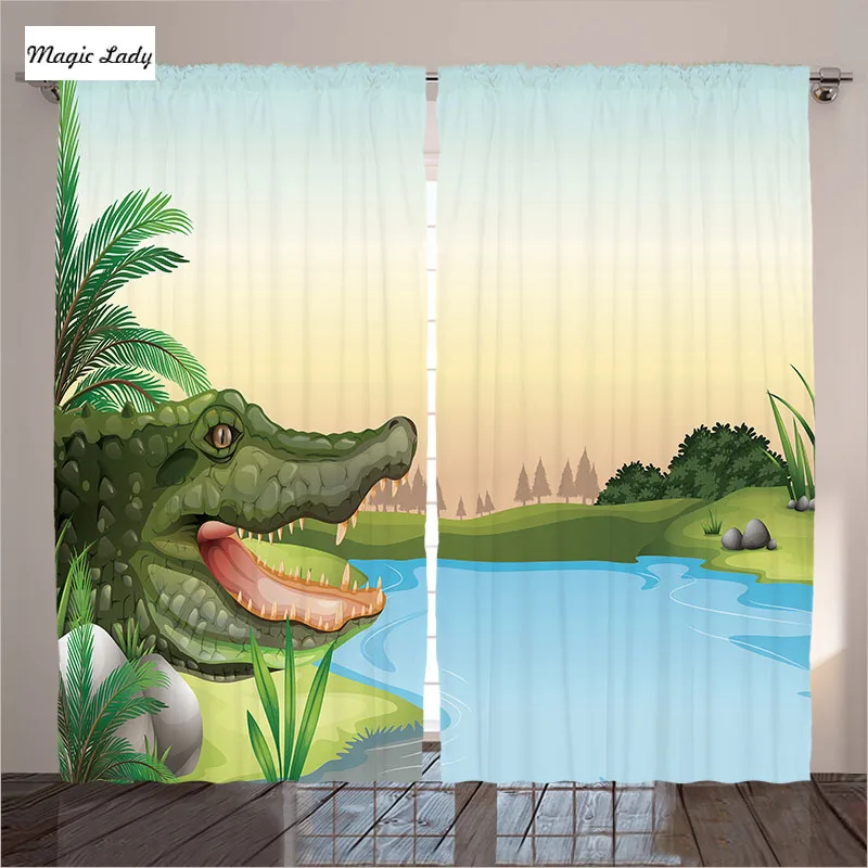 Cartoon Curtains Living Room Bedroom Illustration Crocodile River Palm