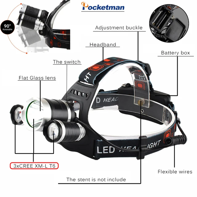 20000LM Led Cycling Headlamp T6+2R5 Headlight Head Torch Rechargeable flashlight with 18650 battery+Charger for Fishing Hunting