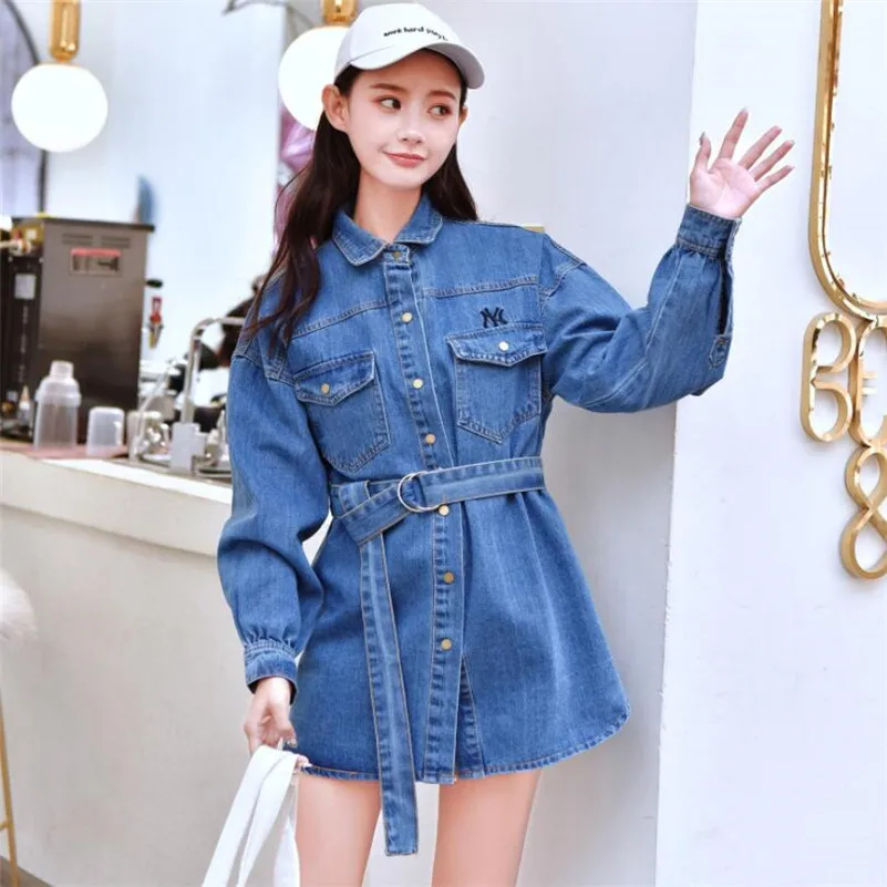 

2019 Spring Women Denim Windbreaker Coat Casual Long Sleeve Loose jeans Female Trench coat Lace Up Waist Denim Overcoat p754