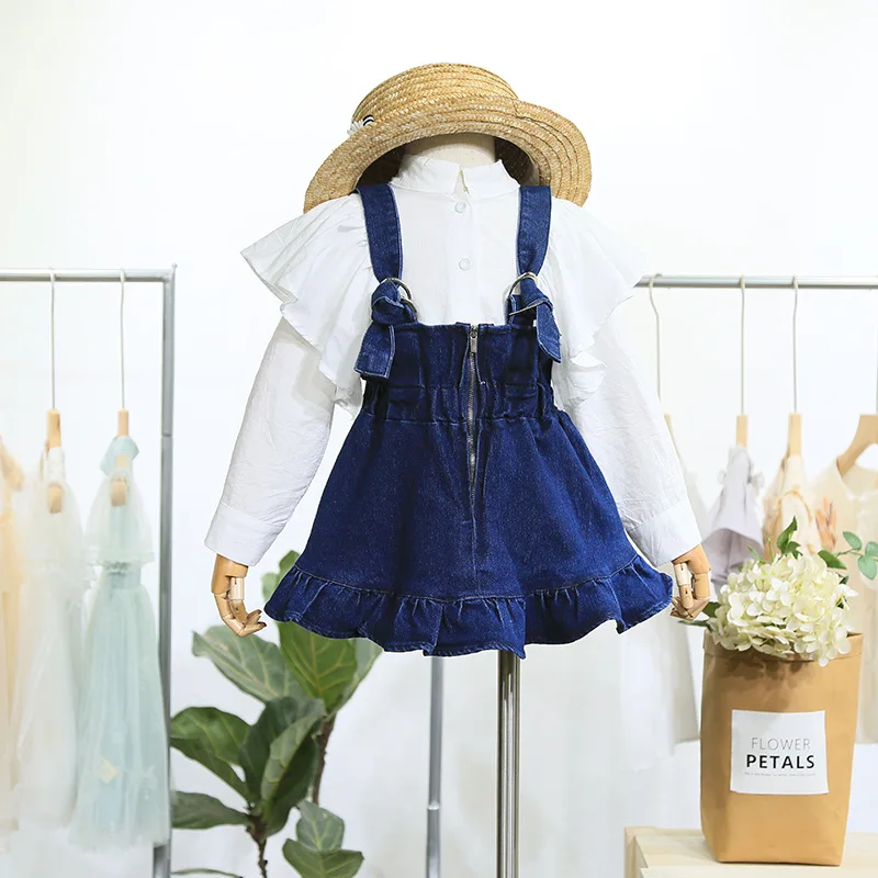 

2019 spring new children's clothing girls suspender dress children's strap dress denim lace vest dress all cotton