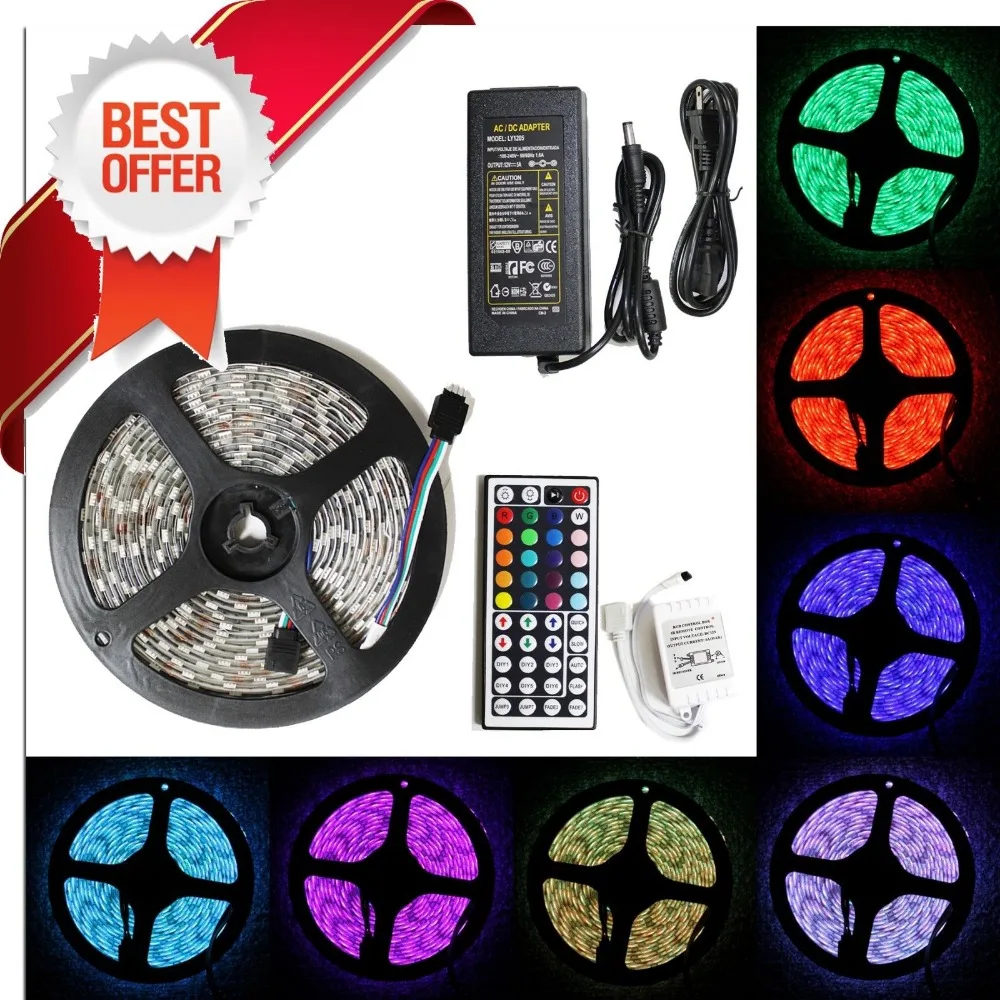 Led 스트립 빛 5050 RGB 테이프 세트 방수 ip65 300led 5 메터 원격 컨트롤러 12 볼트 5A 전원 공급 어댑터 컬러 