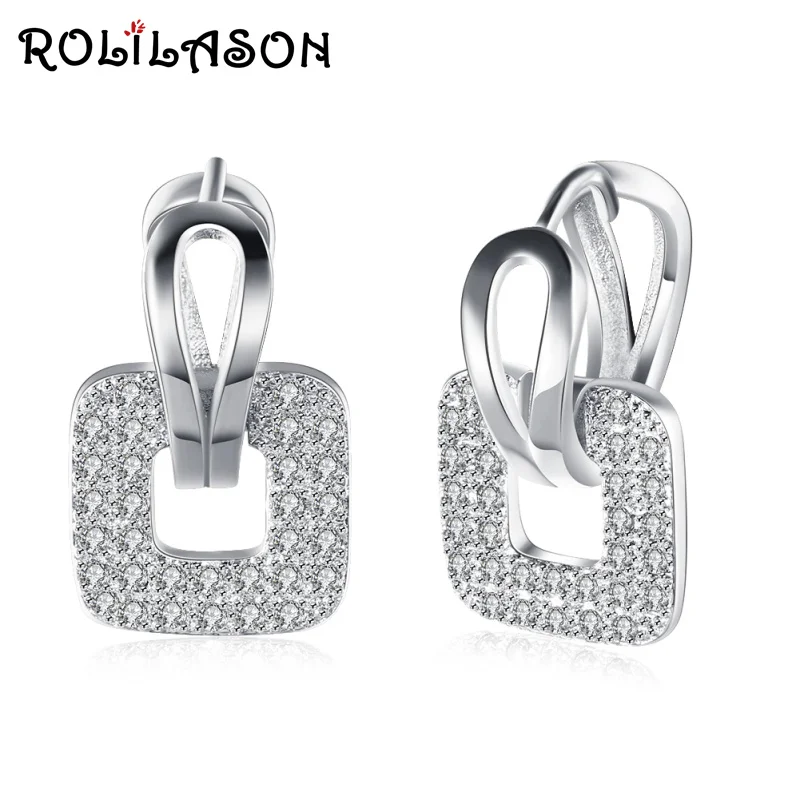 

ROLILASON graceful fashion crystal white zircon square pendant silver earring dinner dating women daily office jewelry JE1189
