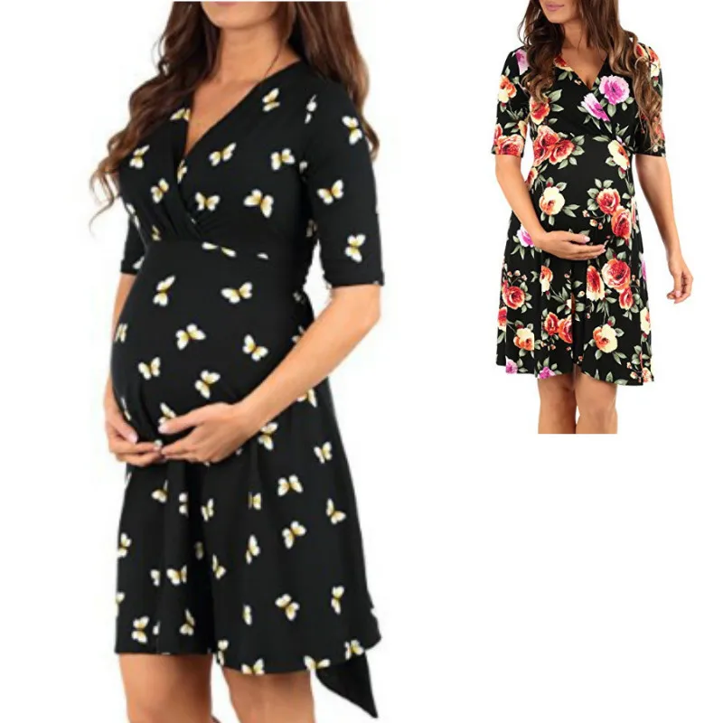 

Maternity Summer Clothes for Pregnant Women Maternity Pregnant Dress Short Sleeve Maternity Dress Flower Women's Clothing