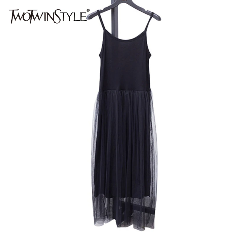 

TWOTWINSTYLE Spaghetti Strap Dress Female Tunic High Waist Mesh Patchwork Asymmetrical Midi Dresses 2019 Summer Fashion Sexy