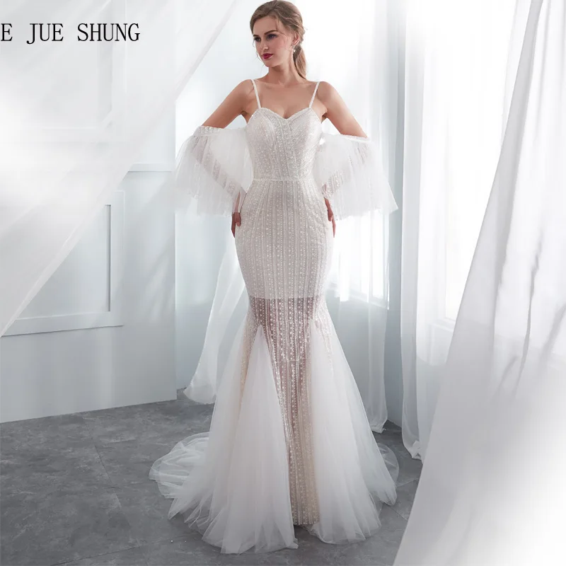 

E JUE SHUNG Ivory Lace Mermaid Boho Wedding Dresses Detachable Sleeves Beach Bridal Dresses Wedding Gowns robe de mariage