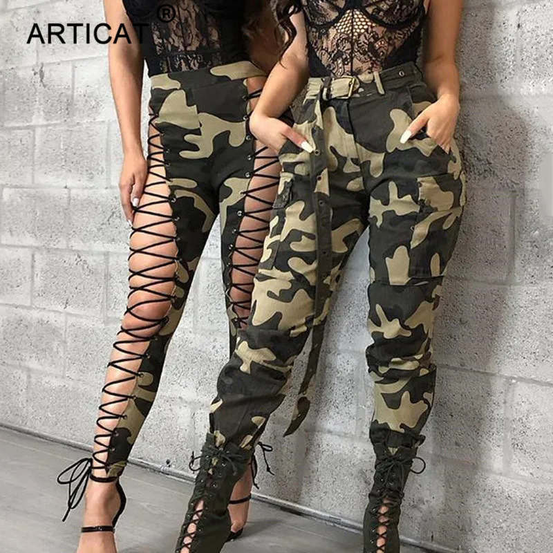Articat Casual High Waist Military Women Harem Pants 2019 Fashion Loose Belted Pockets Trousers Wom