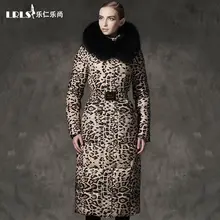 Luxo royalcat 2016 mulheres jaqueta de Inverno Para Baixo casacos com estampa de leopardo para baixo casaco longo engrossar grandes Com Capuz de pele das Mulheres Outerwear