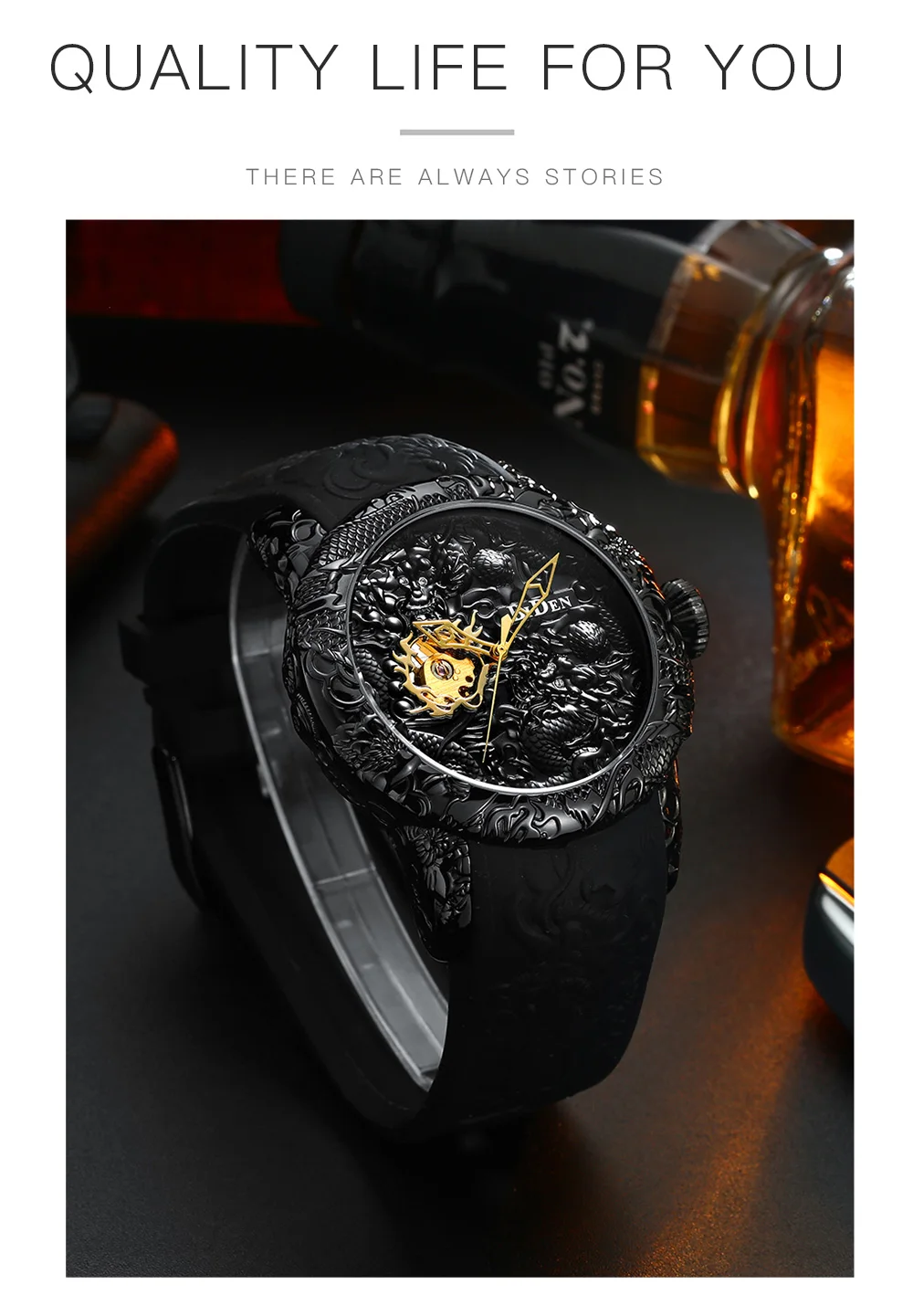 Мужские механические часы мужские большие часы золотые полностью черные наручные часы Креативные 3D Скульптура Дракон лазерная гравировка мужские ручные ветровые часы