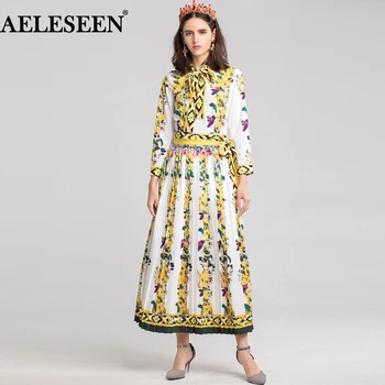 

AELESEEN Women's Runway Shirt Dress 2018 Elegant Vintage Spring Autumn Pleated Christmas Robe Femme Bow Long Sleeve Flower Dress