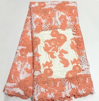 

New Embroidery Design African Cord Lace Fabrics High Quality Nigeria Wedding Dress Lace Water Soluble Guipure Lace Fabric Peach