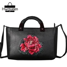 Китайский стиль, тисненый цветок пиона, дизайнерская натуральная коровья кожа, женская черная сумка с деревянной ручкой, винтажная женская сумка на плечо