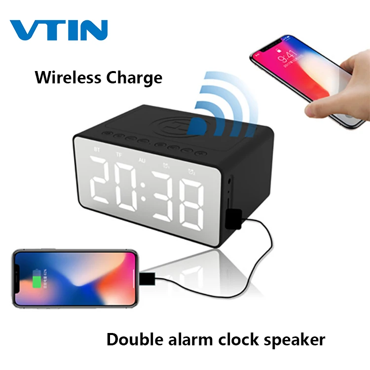 

VTIN Wireless Charge Bluetooth 5.0 Speaker Double alarm clock Mirror screen TF AUX 10 Meters Bedside Speaker For Phone Charging