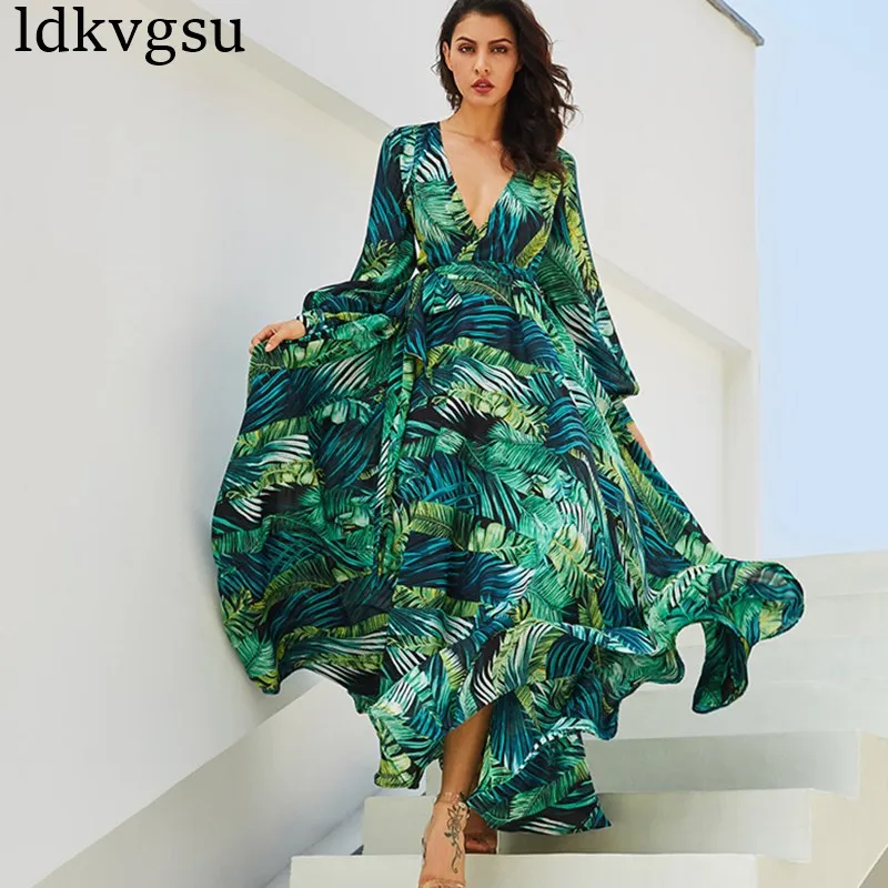 

2019 Fashion Women Long Sleeve Dress Beach Retro Spring Summer Maxi Dresses Boho Casual V Neck Belt Lace Up Tunic Draped Dress