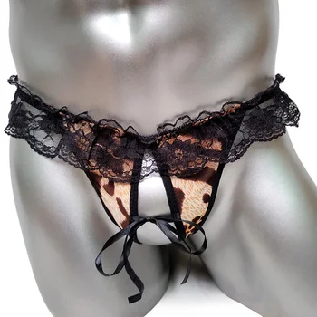 

Hot Sale Sexy Ruffles Lace Open Crotch Sissy Thongs Low Waist Male G string Panties Underwear Mens Leopard Panties Open Front