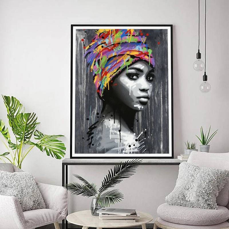 Graffiti African Girl Poster Canvas Art Prints, Watercolor African Woman Portrait Art Painting Wall Pictures Home Room Decor