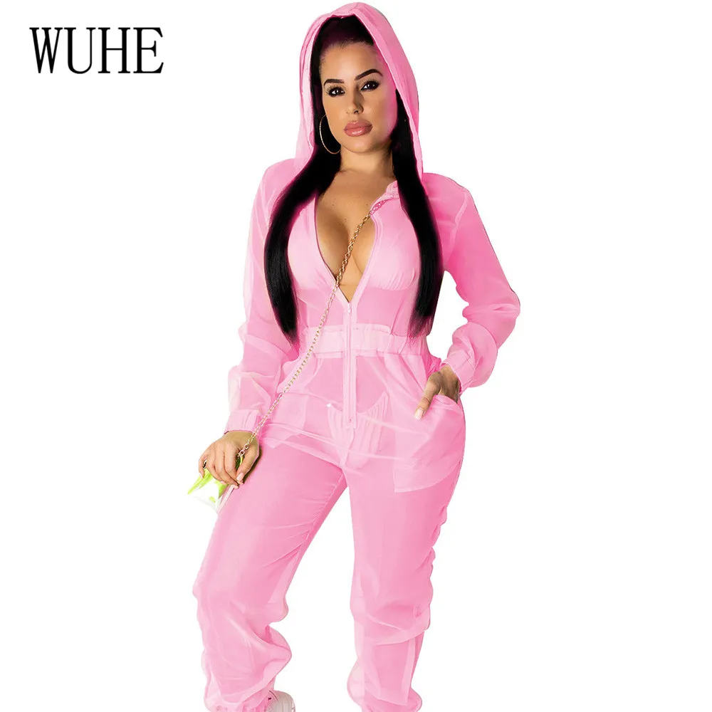 WUHE High Quality Sexy Hooded Loose Organza Jumpsuits Elegant Long Sleeve See Through Autumn Playsuits Women Elegant Overalls WUHE High Quality Sexy Hooded Loose Organza Jumpsuits Elegant Long Sleeve See Through Autumn Playsuits Women Elegant Overalls