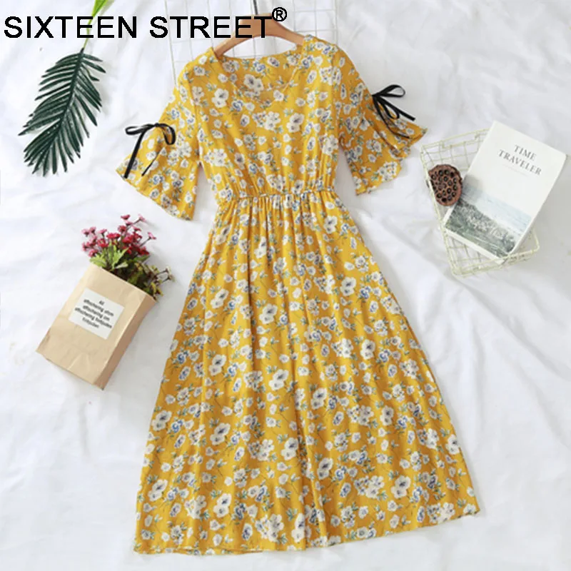 

Floral Print dress flare sleeve yellow blue woman mid dress chiffon causal elastic waist New spring summer loose Retro Vestidos